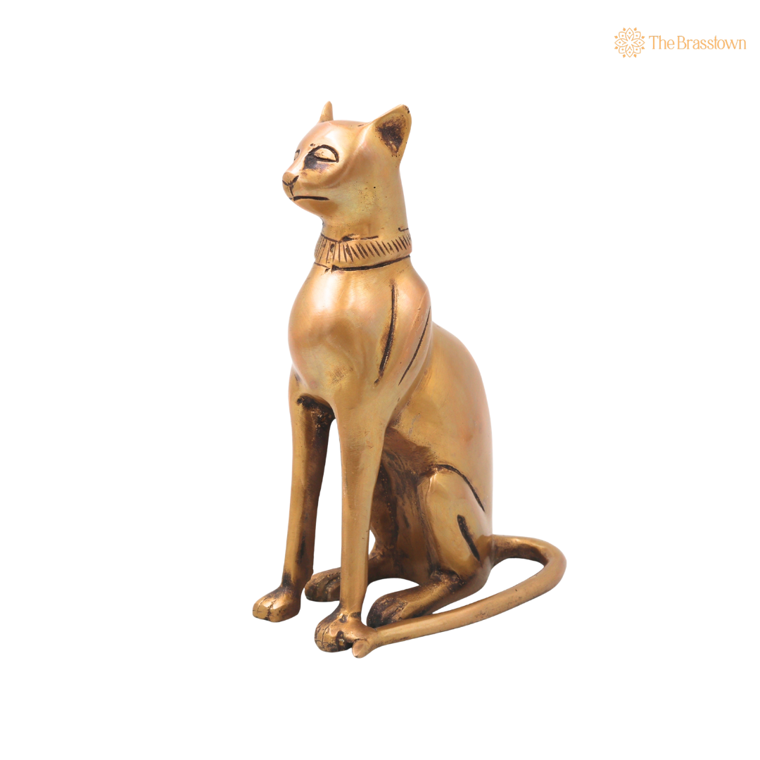 Brass Cat Idol – Handcrafted Traditional Cat Sculpture for Vastu, Home Décor, Pooja &amp; Luxury Gifting 8 Inch