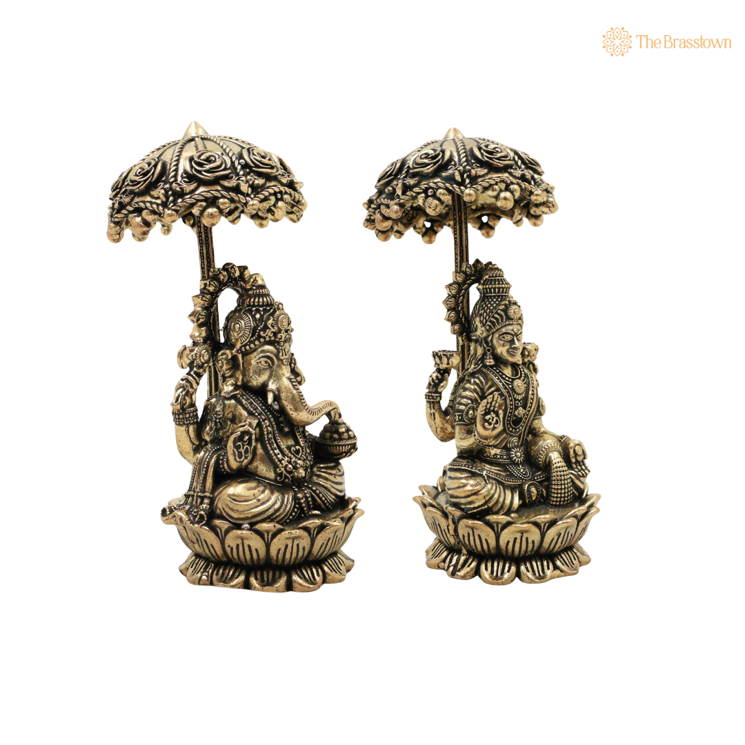 Brass Lakshmi Ganapati Idol 4.5 Inch side view – antique finish detail
