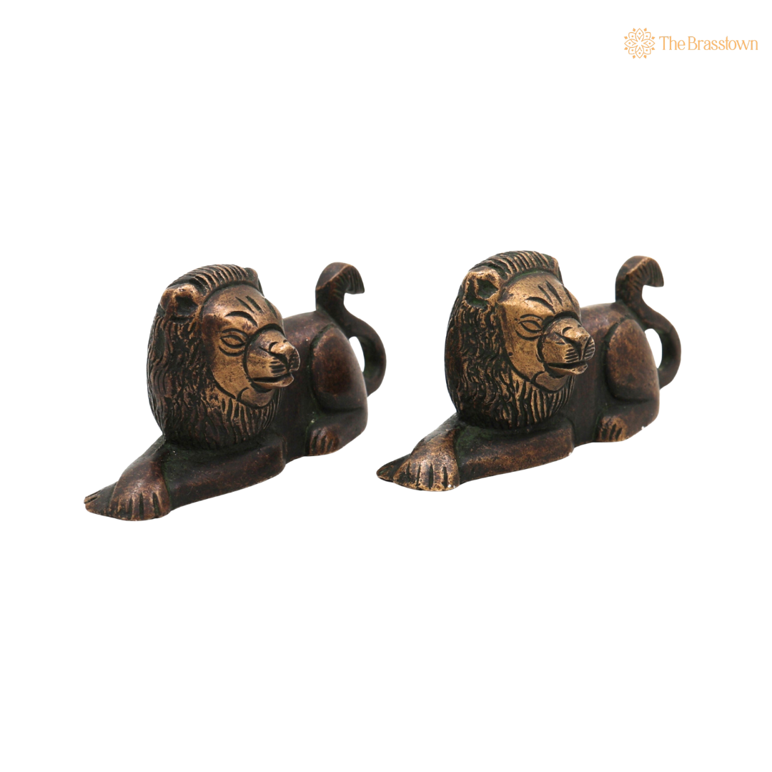 Handcrafted Brass Lion Set of 2 Simha Idol - Handcrafted Vastu Pooja Home Decor Gift Statue 1.5 Inch