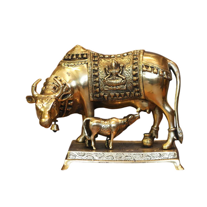 Handcrafted Brass Kamdhenu Cow with 8.5 Inch side view – antique finish detail