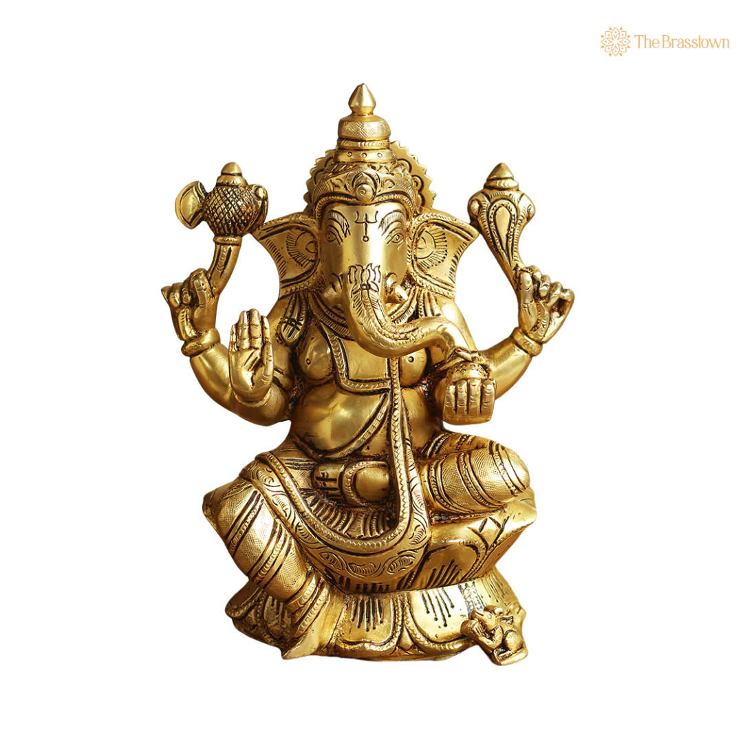 Brass Ganesh Sitting Statue 8 Inch side view – antique finish detail