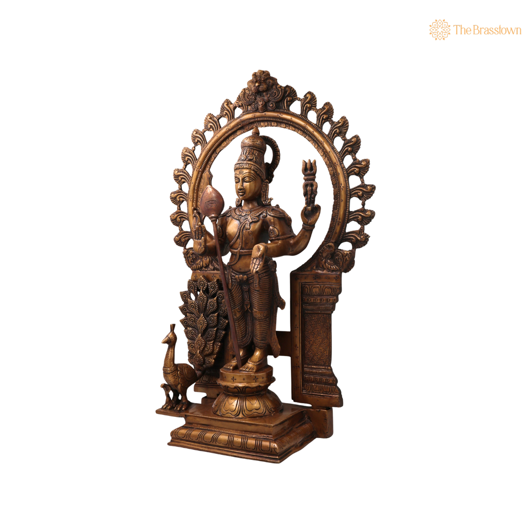 Brass Subramanya Murugan Kartikeya Idol – Fine Golden Finish Subrahmanya Skanda Kumaraswamy Murti for Puja &amp; Home Mandir 22 Inch