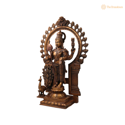 Brass Subramanya Murugan Kartikeya Idol – Fine Golden Finish Subrahmanya Skanda Kumaraswamy Murti for Puja &amp; Home Mandir 22 Inch