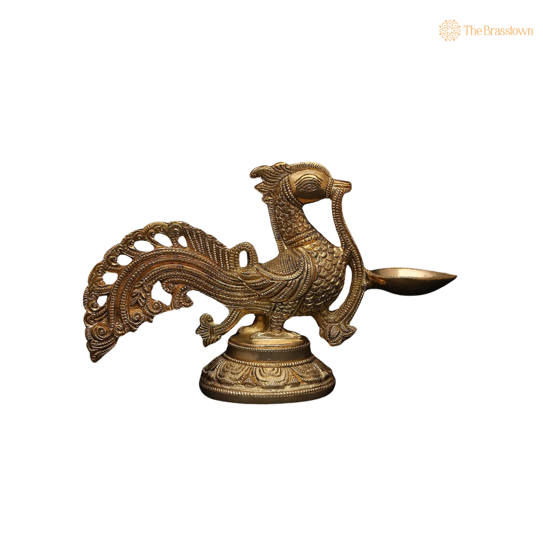 Antique Brass Bird Diya Oil 6 Inch side view – antique finish detail