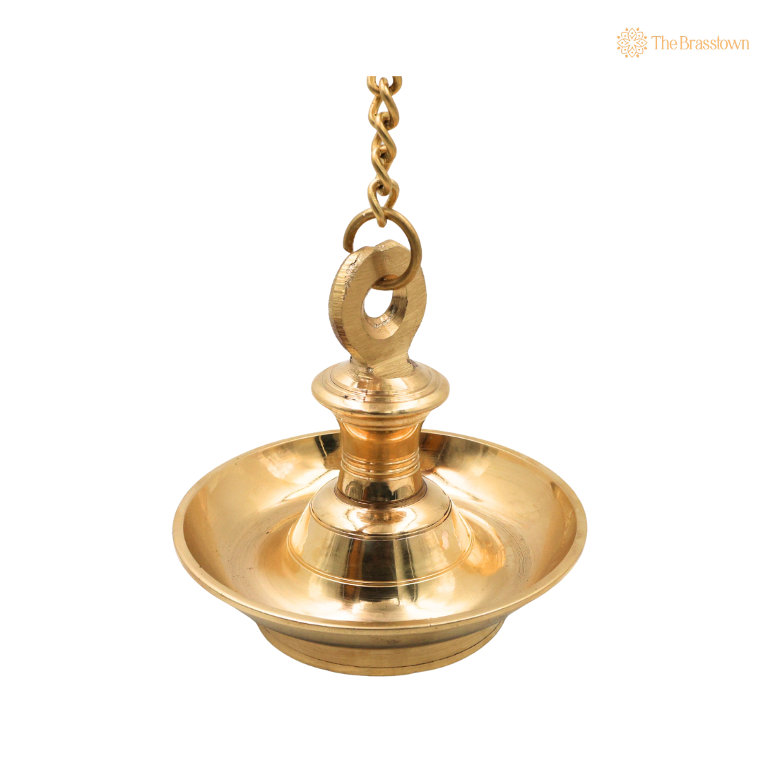 Brass Hanging Lamp Pooja Diya – Traditional Peetal Thooku Vilakku Deepam for Temple, Home Mandir &amp; Spiritual Décor 7 Inch