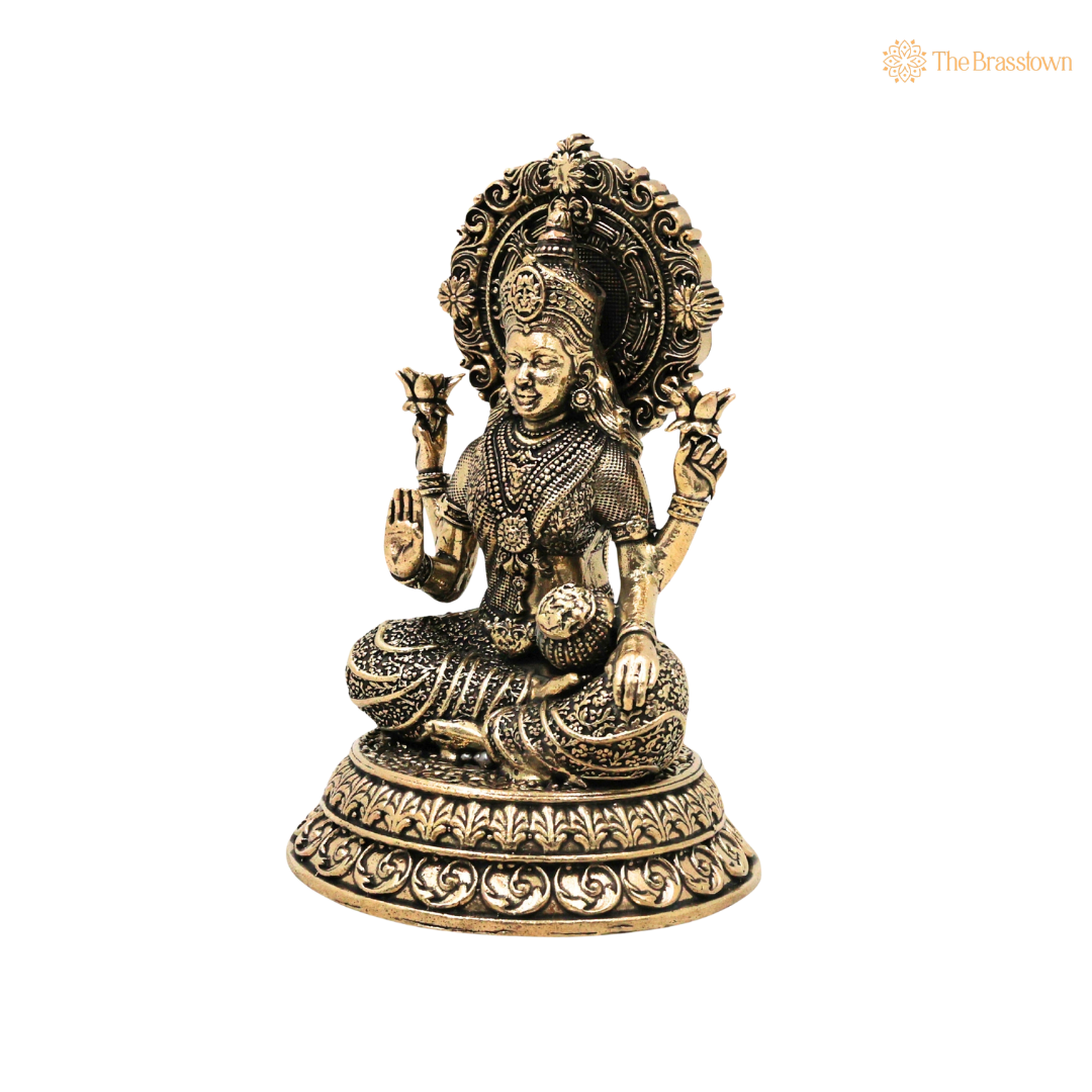 Brass Mahalakshmi Idol 5.5 Inch side view – antique finish detail