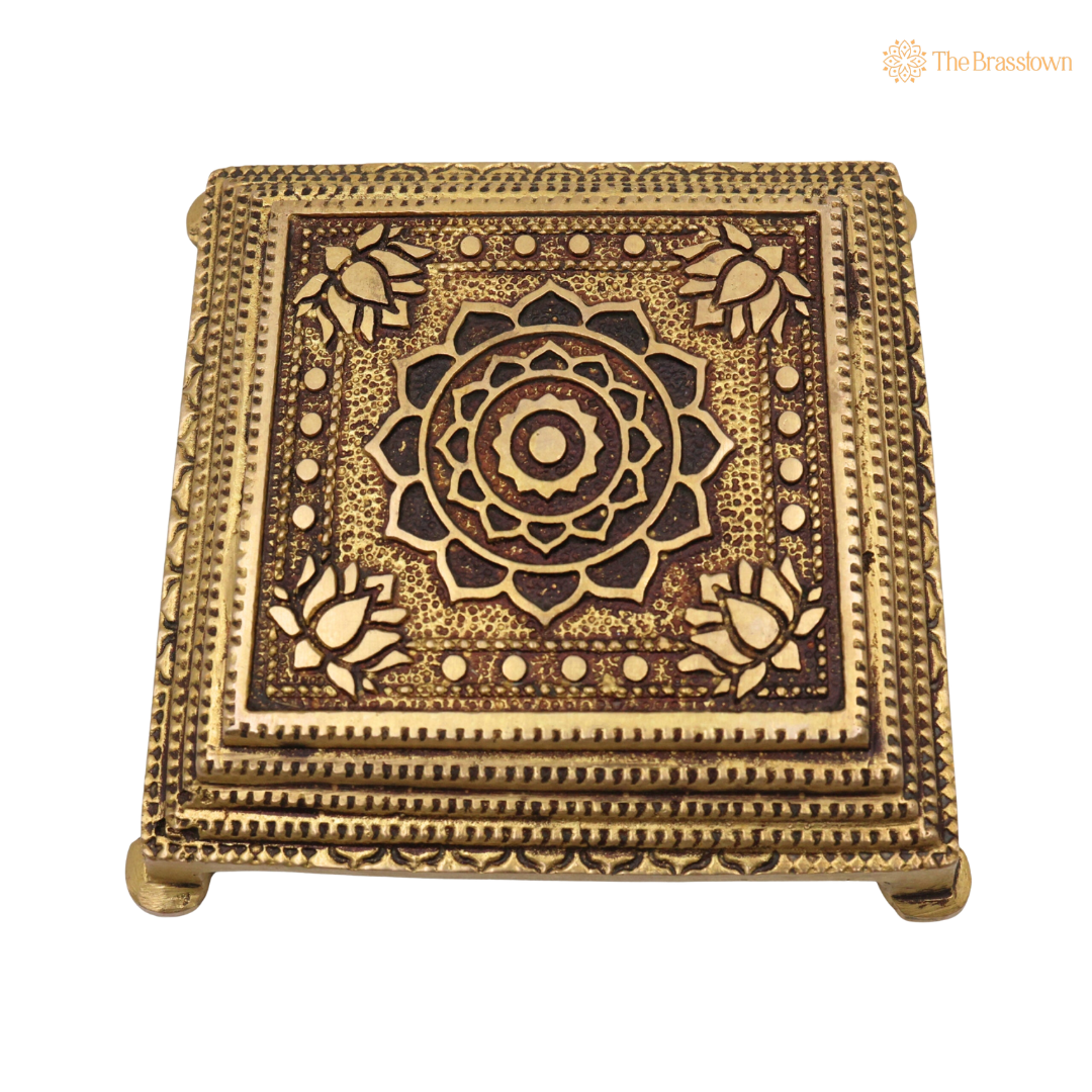 Brass Chowki for Puja 5 Inch side view – antique finish detail