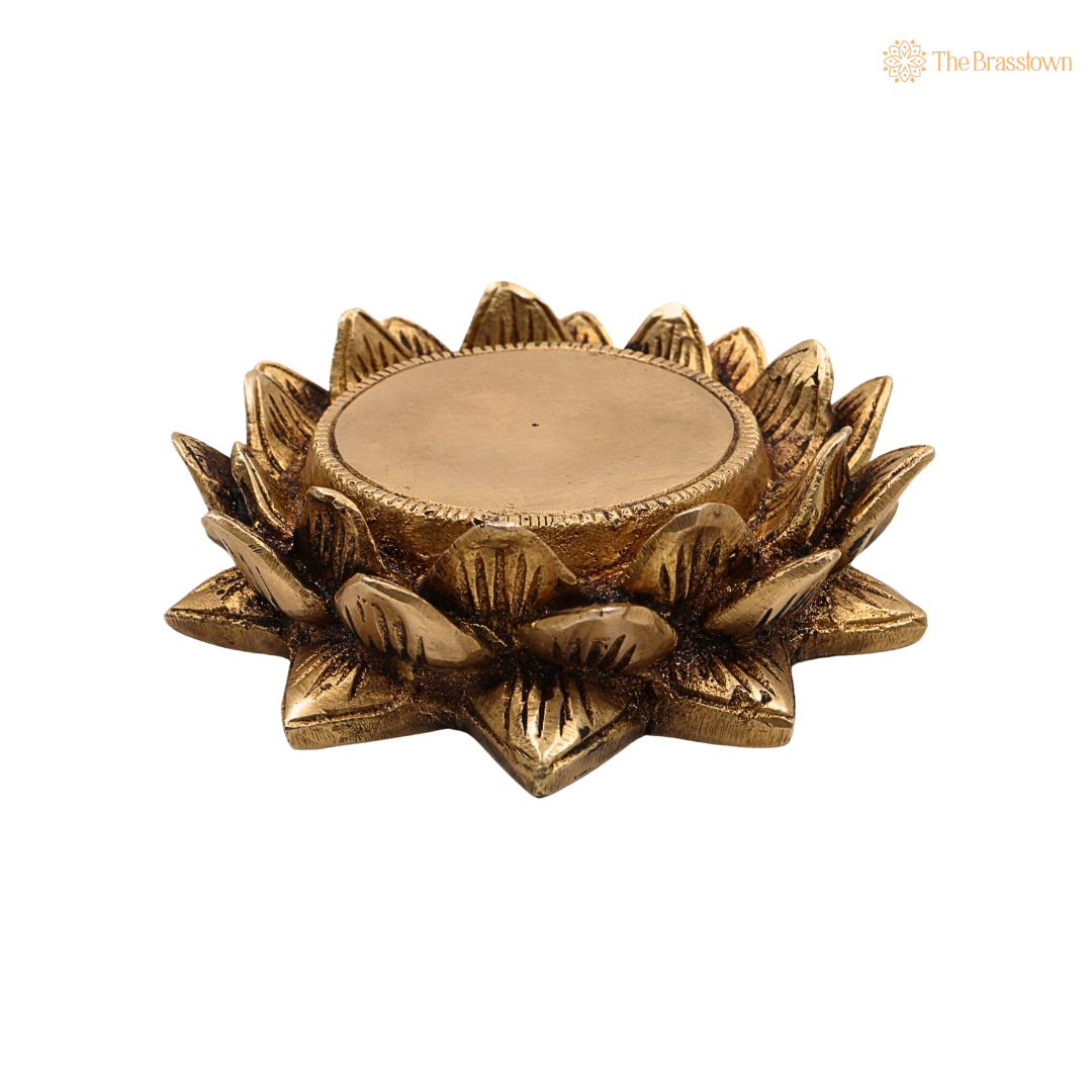 Brass Lotus Shaped Pooja Chowki 1.5 Inch side view – antique finish detail