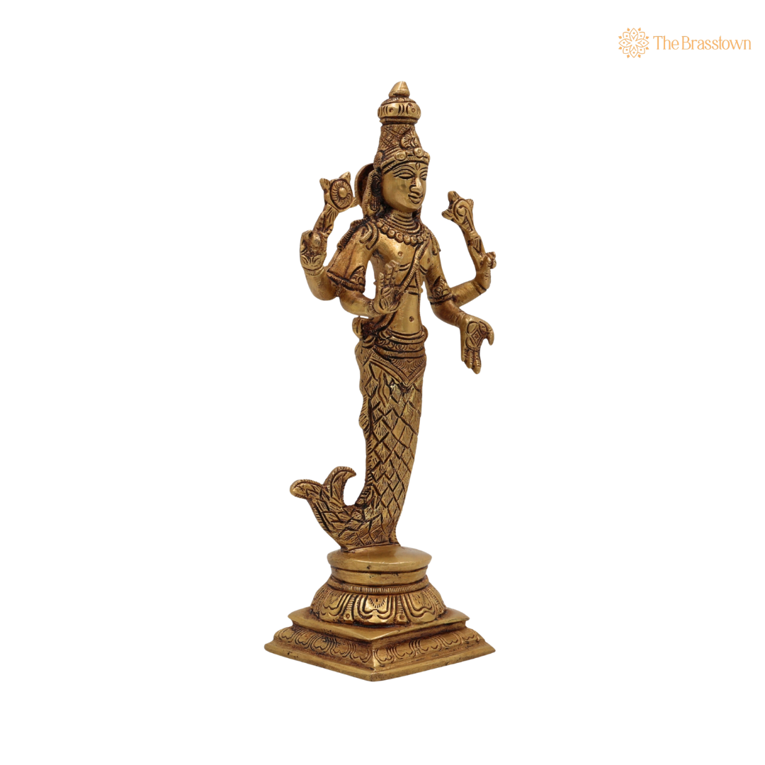 Brass Lord Vishnu in Matsya 9 Inch side view – antique finish detail