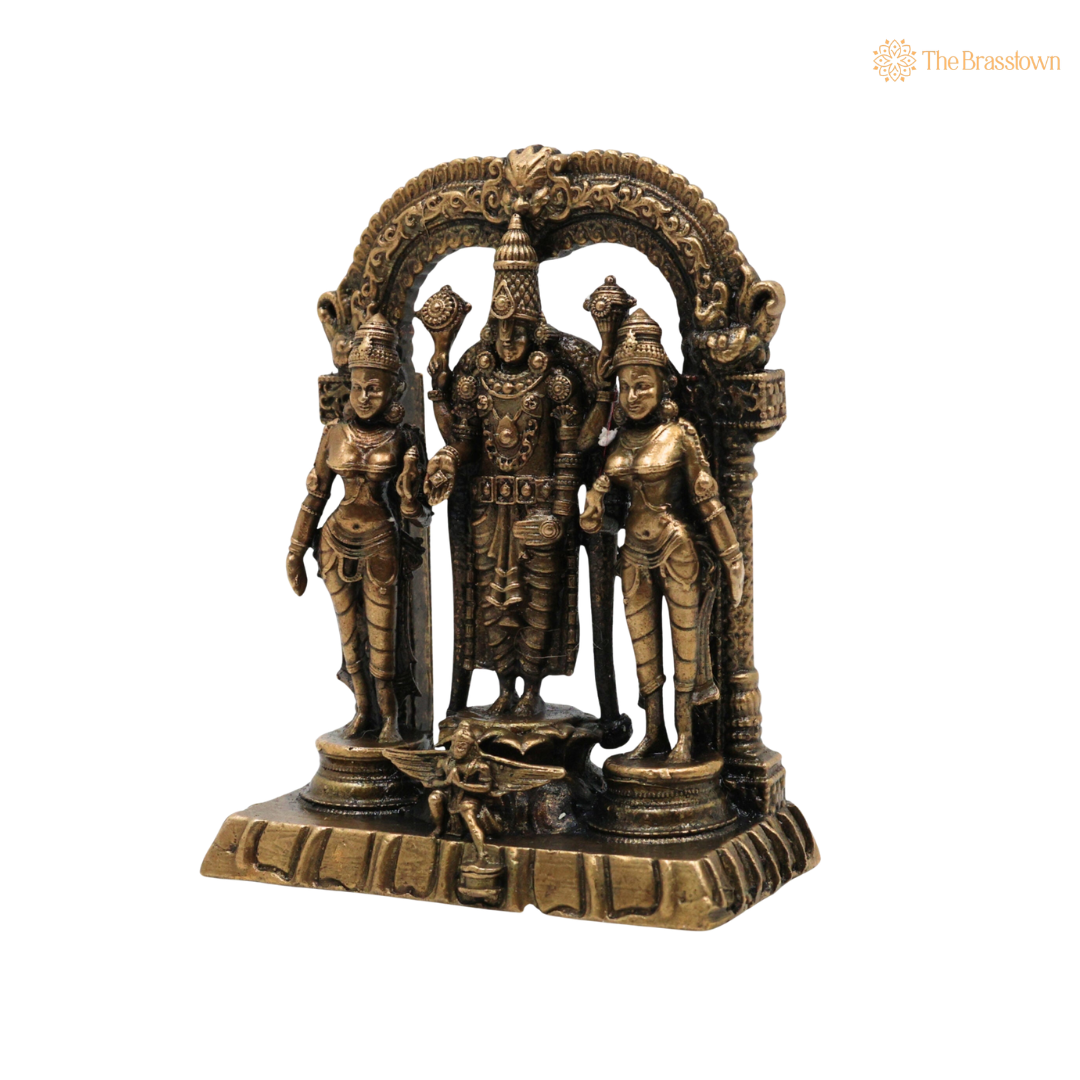 Brass Vishnu Sridevi Bhudevi Idol – Lord Narayana Murti with Sri Lakshmi &amp; Bhudevi for Puja, Home Mandir &amp; Spiritual Décor 3 Inch