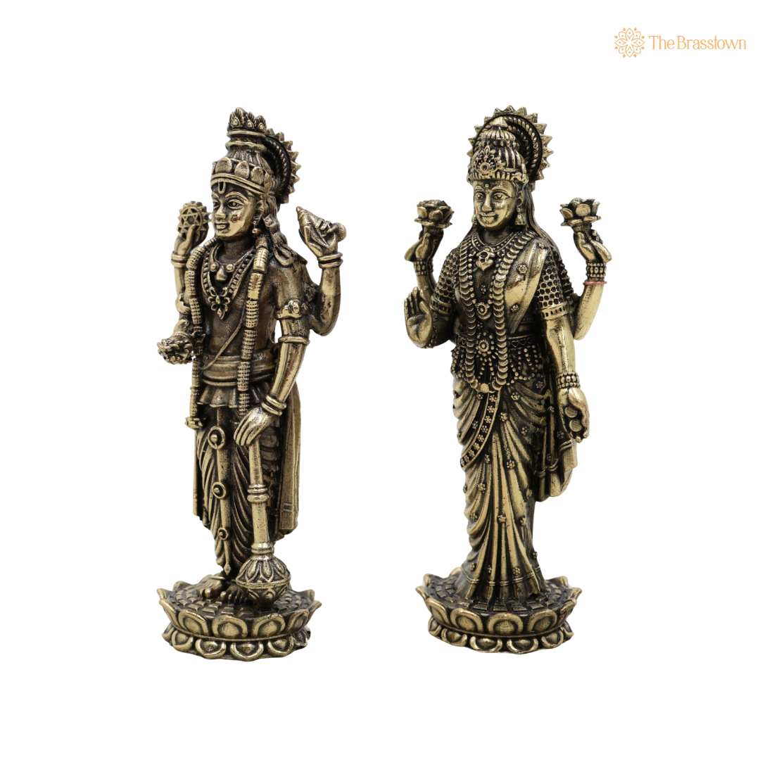 Handcrafted Brass Standing Vishnu and 4 Inch side view – antique finish detail