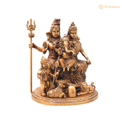 Unique chola Style Brass Shiv Parivar Idol with Nandi – Fine Golden Work Divine Family Statue for Puja &amp; Home Mandir 10 Inch