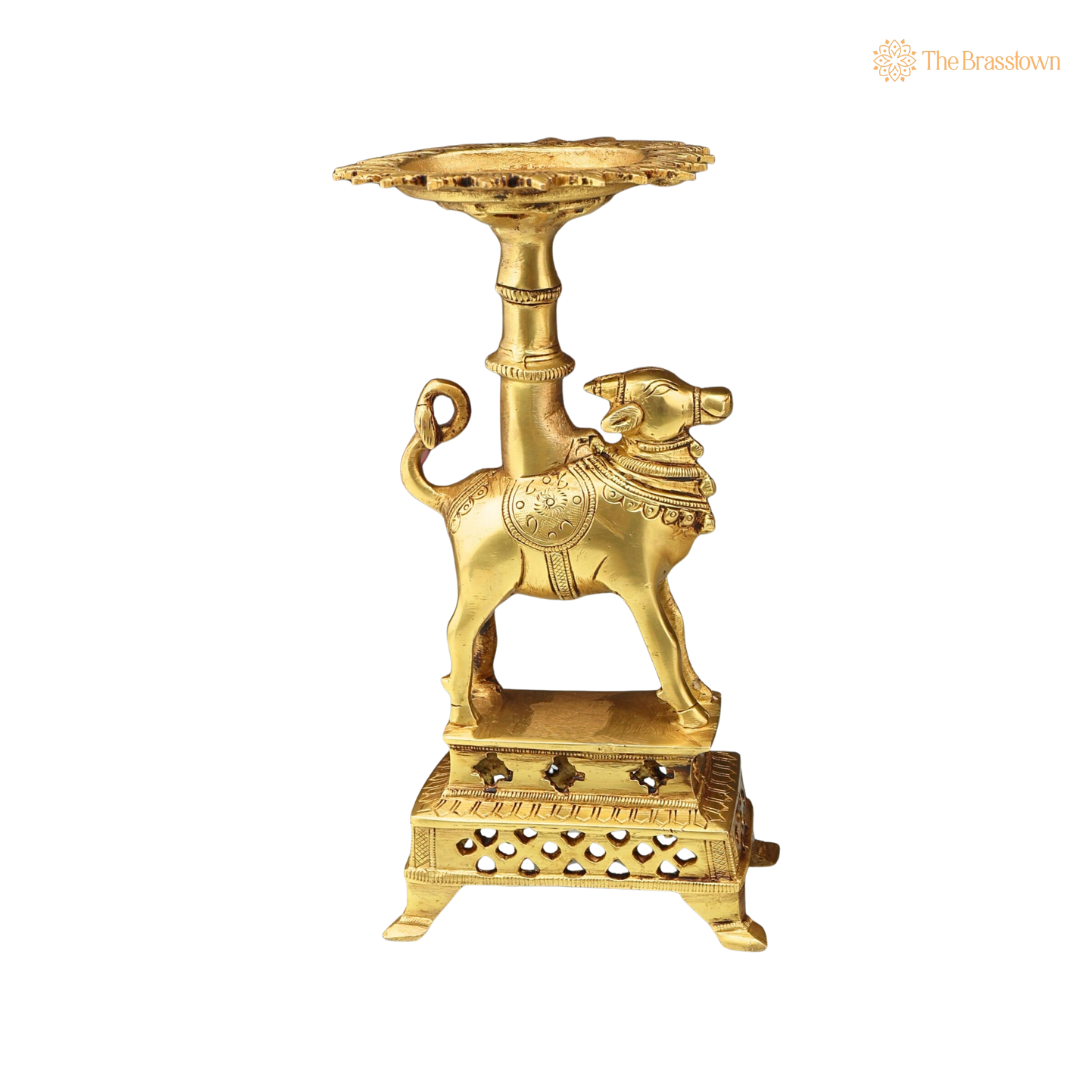 Brass Nandhi Puja Stand with Deep Holder – Traditional Pooja Accessory for Home Temple 8.5 Inch
