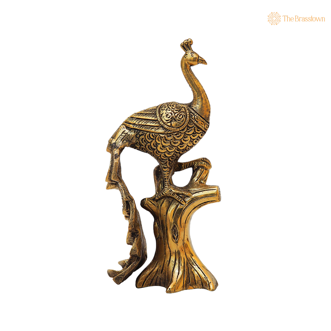 Antique Brass Peacock on Tree 8.5 Inch side view – antique finish detail