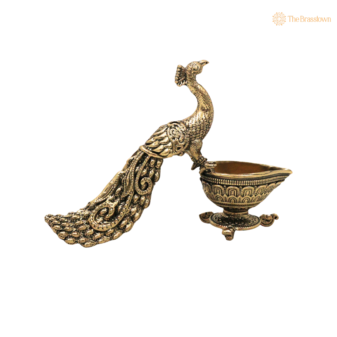 Brass Peacock Lamp Idol – Mayil Vilakku, Mayur Deepam, Traditional Kuthu Vilakku Oil Lamp for Pooja, Temple &amp; Home Décor 3 Inch