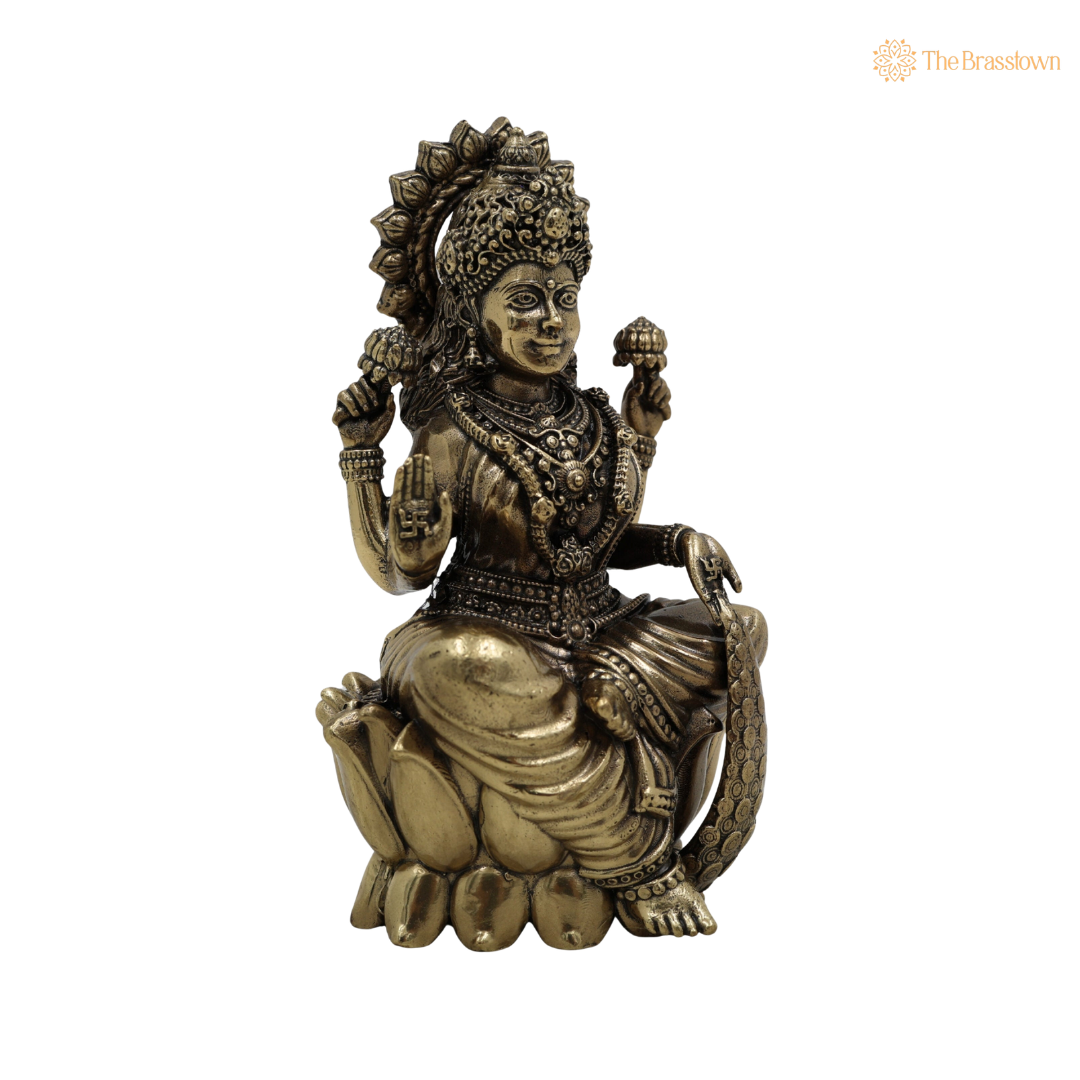 Handcrafted Brass Mahalakshmi Idol 4.5 Inch side view – antique finish detail