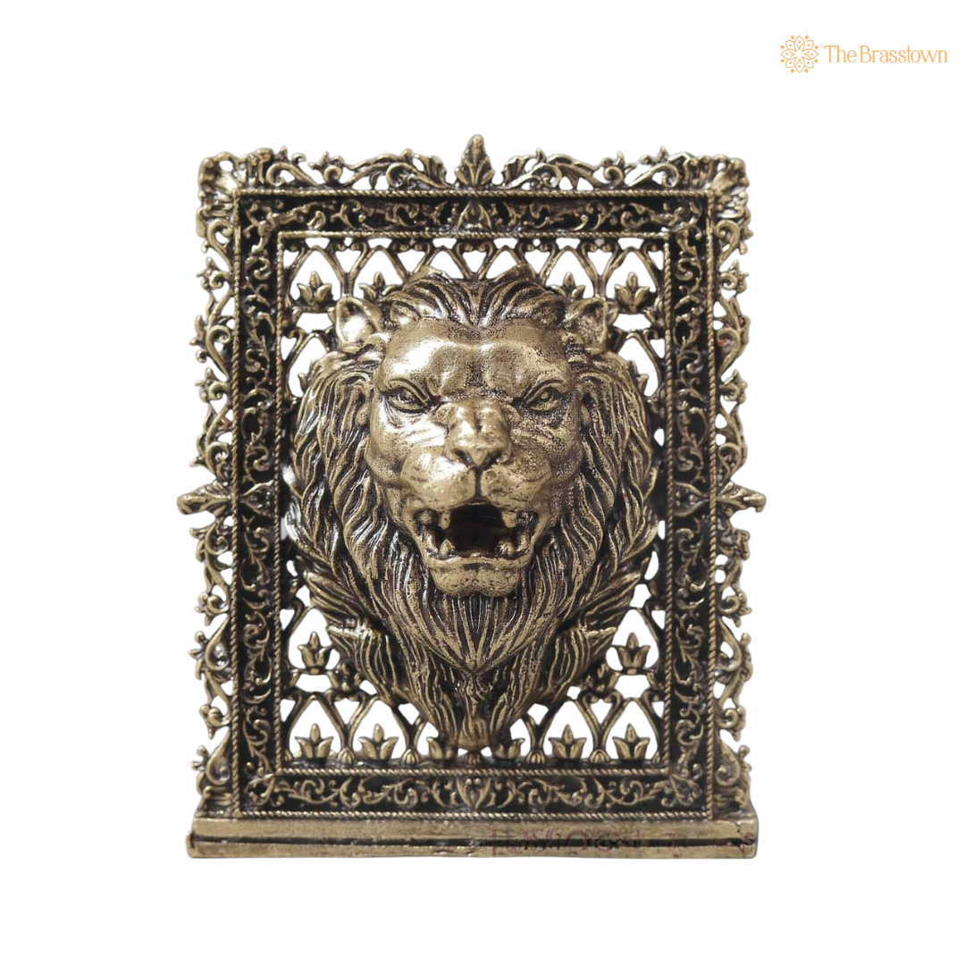 Brass Lion Face Panel – Fine Handcrafted Simha Mukh Wall Plaque for Car Dashboard, Home Décor &amp; Spiritual Protection 3 Inch