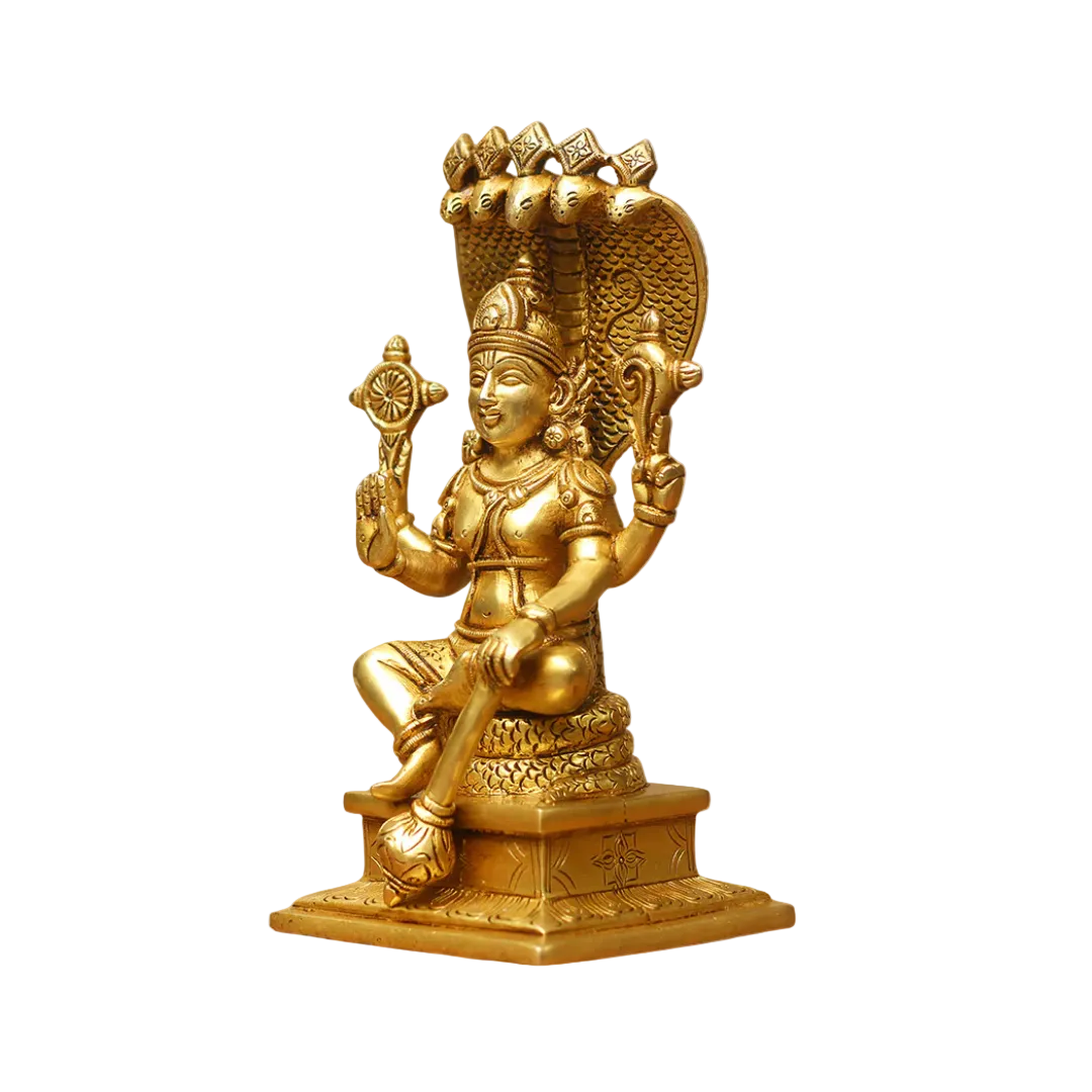 Handcrafted Brass Vishnu Sitting Idol 10 Inch side view – antique finish detail