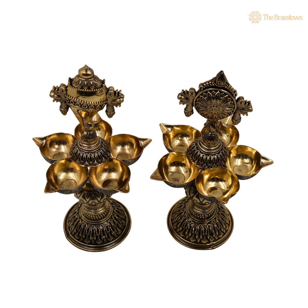 Brass Shankh Chakra Diya Pair – Vishnu Shankh Chakra Deepam Oil Lamps for Puja, Aarti &amp; Home Temple Décor 8.5 Inch