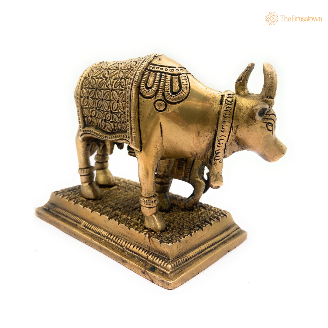 Sacred Brass Cow and Calf Figurine 5 inch
