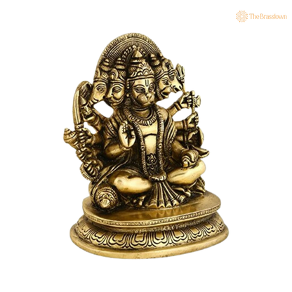 Brass Panchmukhi Hanuman Seated Idol 7 Inch side view – antique finish detail