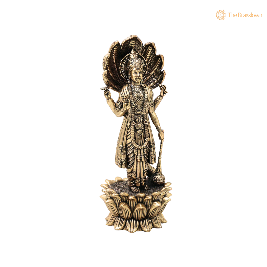 Handcrafted Brass Maha Vishnu Idol – Lord Narayana Perumal Murti for Home Temple, Pooja &amp; Spiritual Decor 11 Inch