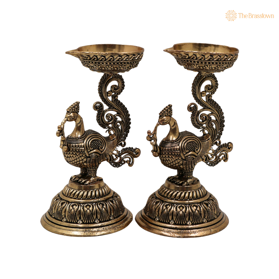 Brass Traditional Peacock Deepam Diya – Mayur Design Oil Lamp for Puja, Aarti &amp; Home Mandir Décor 4.5 Inch (set of 2 )