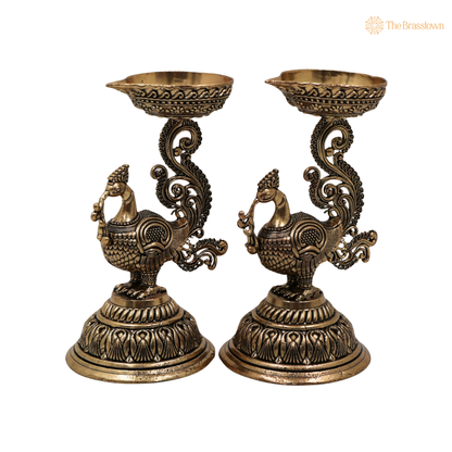 Brass Traditional Peacock Deepam Diya – Mayur Design Oil Lamp for Puja, Aarti &amp; Home Mandir Décor 4.5 Inch (set of 2 )