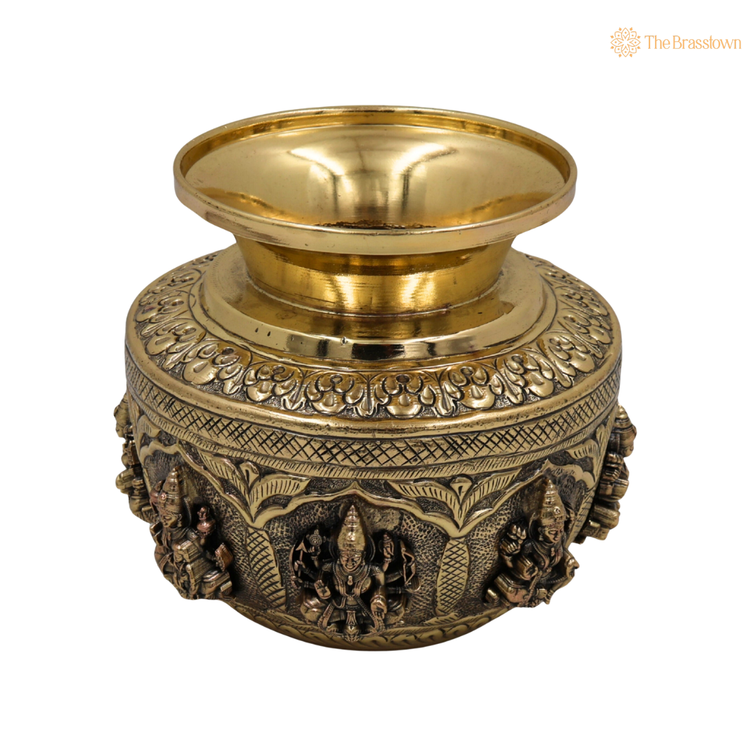 Handcrafted Brass Asta Lakshmi Kalash Lota – Handcrafted Peetal Pooja Kalash for Prosperity, Wealth &amp; Home Temple Décor 5 Inch