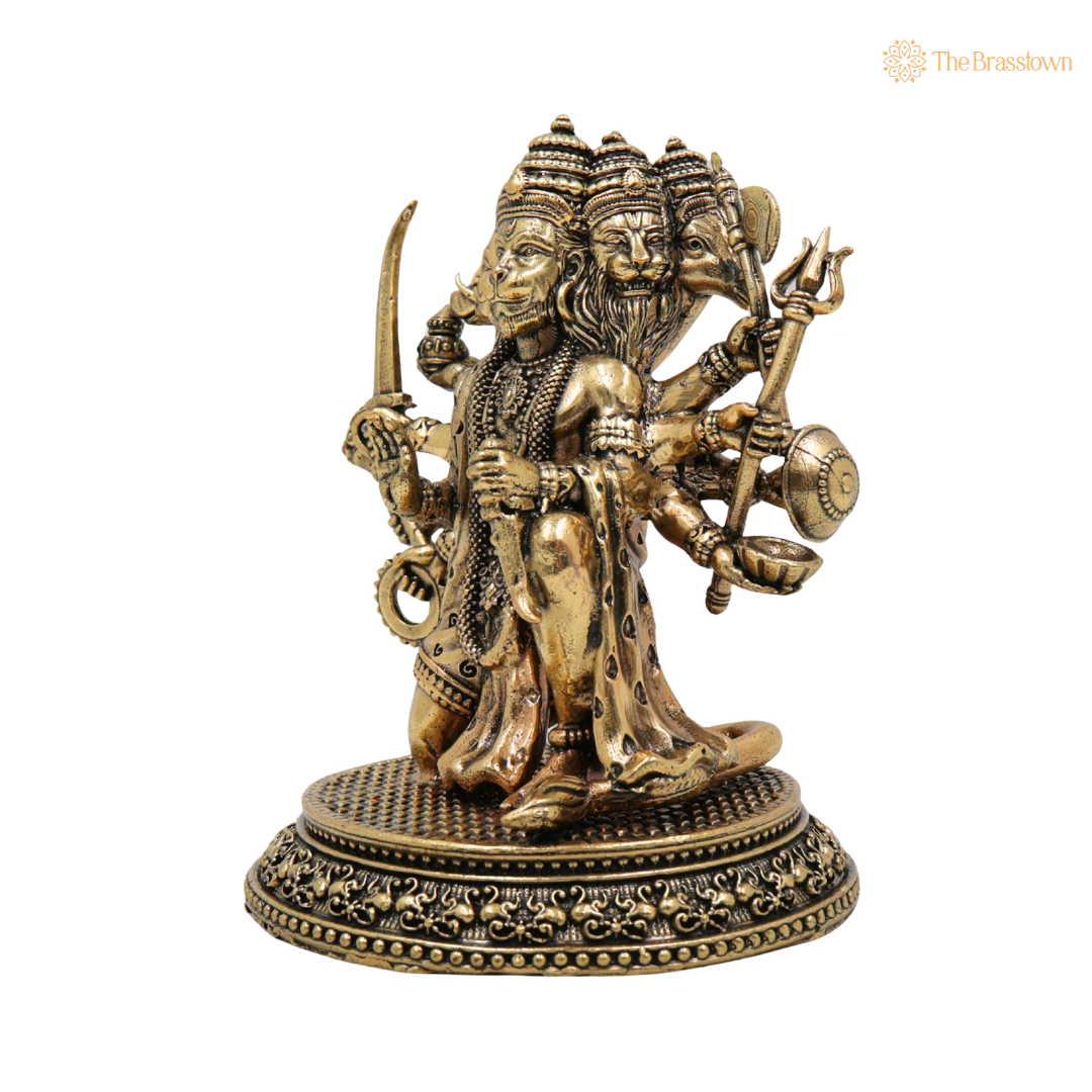Brass Panchmukhi Sitiing Hanuman Idol 4.5 Inch side view – antique finish detail