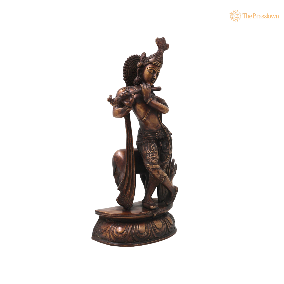 Brass Gopala Krishna with Cow Statue – Handcrafted Chola Style Kaliya Daman Govinda Murti for Pooja, Home Mandir, Décor &amp; Spiritual Gifting 14 Inch