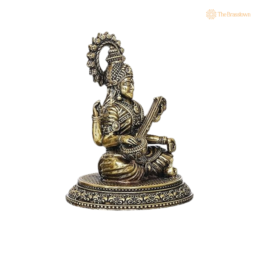 Brass Sitting Saraswati Maa Idol 2.5 Inch side view – antique finish detail