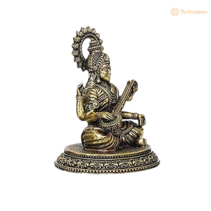 Brass Sitting Saraswati Maa Idol 2.5 Inch side view – antique finish detail
