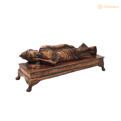 Brass Sleeping Buddha Statue – Handcrafted Reclining Nirvana Statue Traditional Buddhist Buddha Murti 10.5 Inch