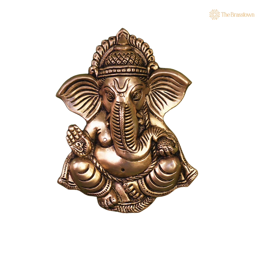 Handcrafted Brass Ganesha Face for 10 Inch side view – antique finish detail
