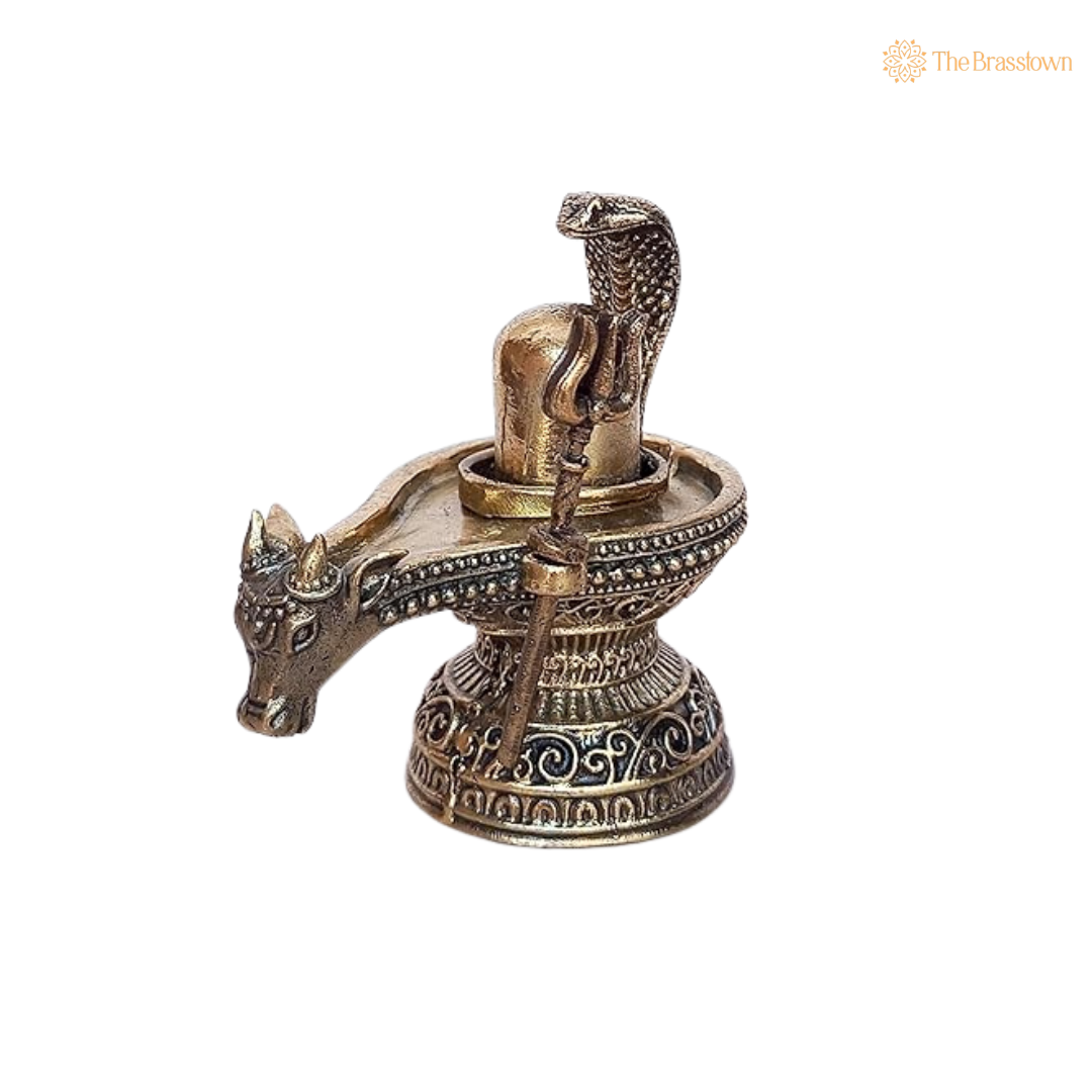 Brass Nandi Mukh Shivling with 2.5 Inch side view – antique finish detail