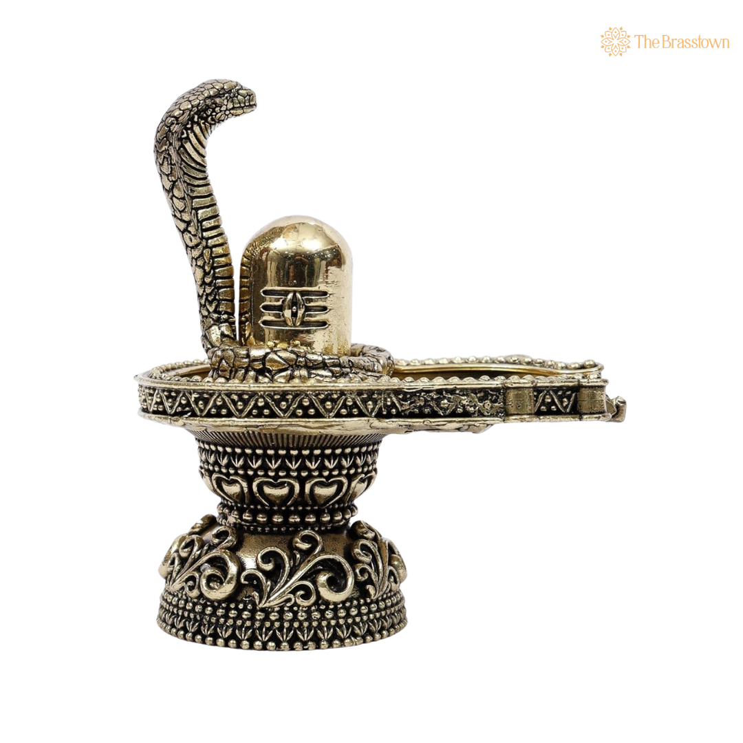 Brass Shivling with Naag 4 Inch side view – antique finish detail