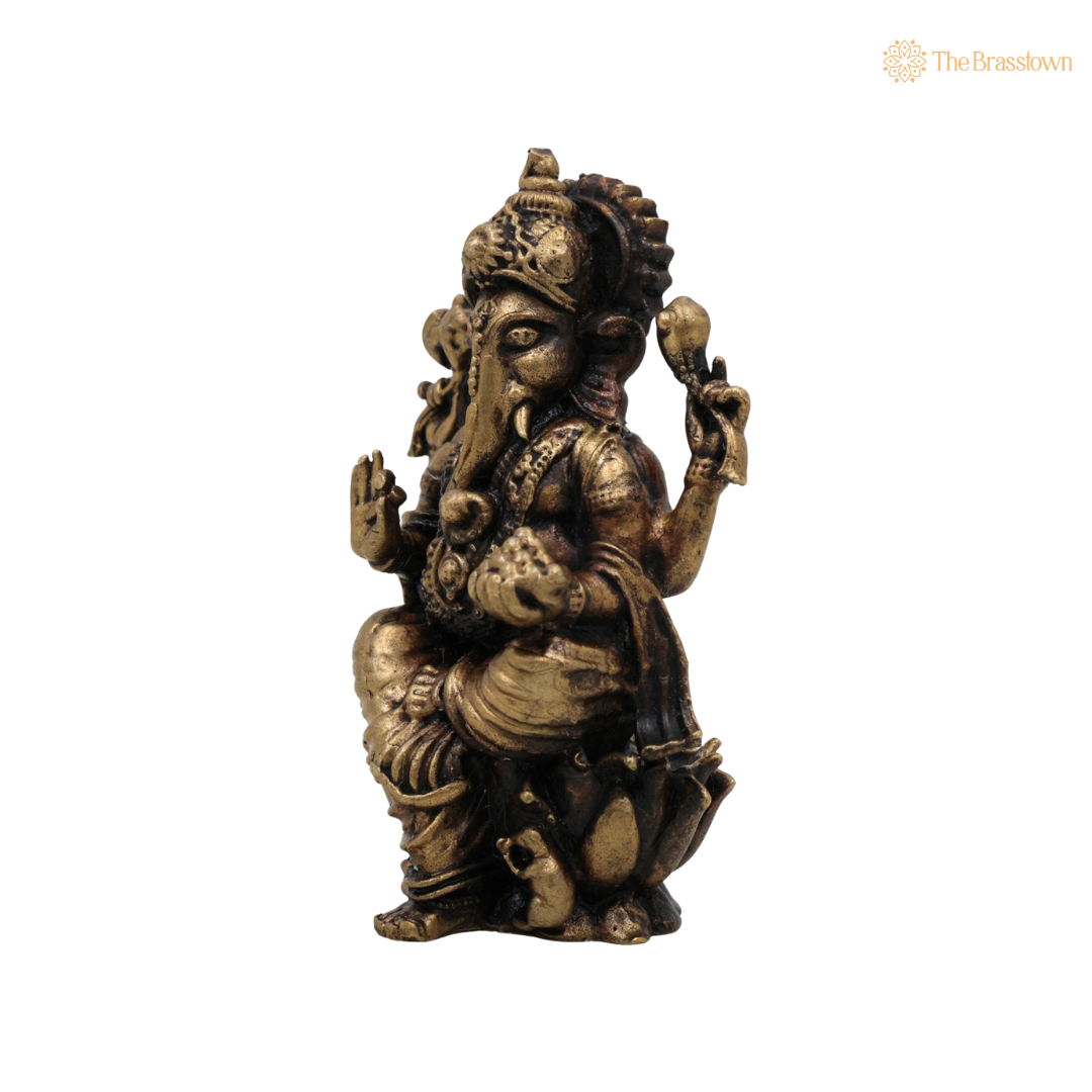 Handcrafted Brass Ganpati Bappa Idol 3 Inch side view – antique finish detail