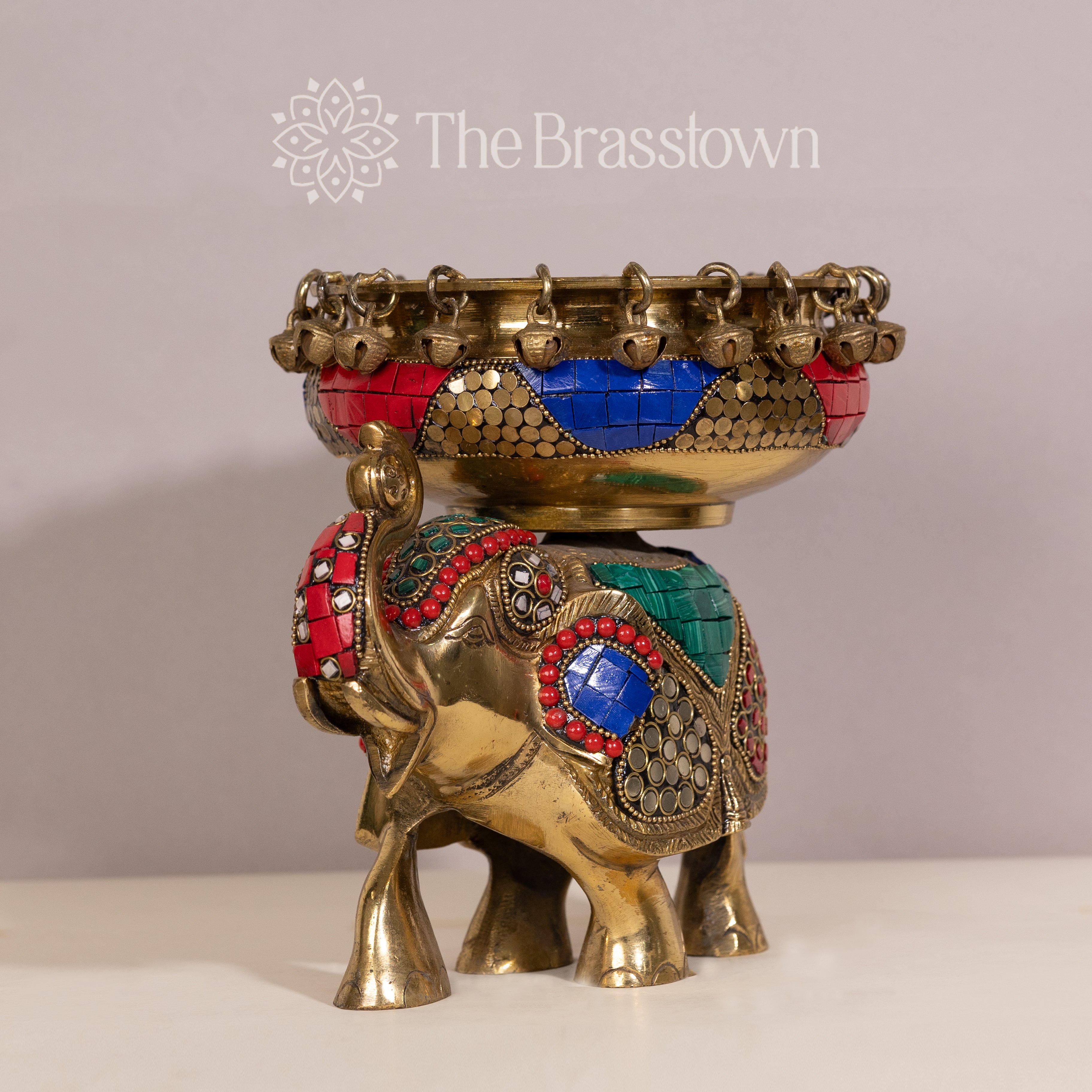 Brass Elephant Urli with Colorful Stone Inlay