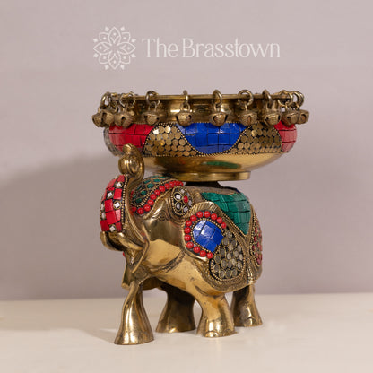 Brass Elephant Urli with Colorful Stone Inlay