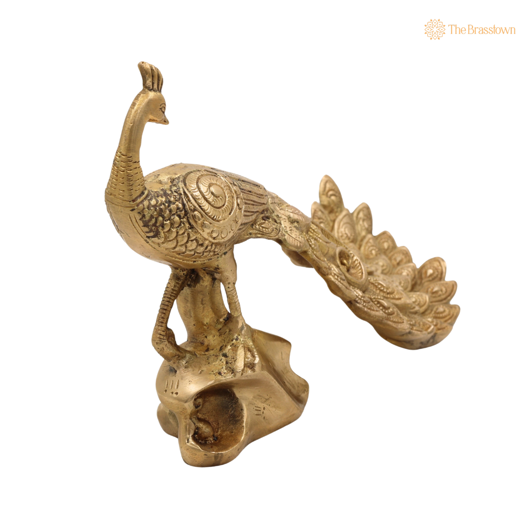 Antique Handcrafted Brass Peacock Showpiece 7 Inch side view – antique finish detail