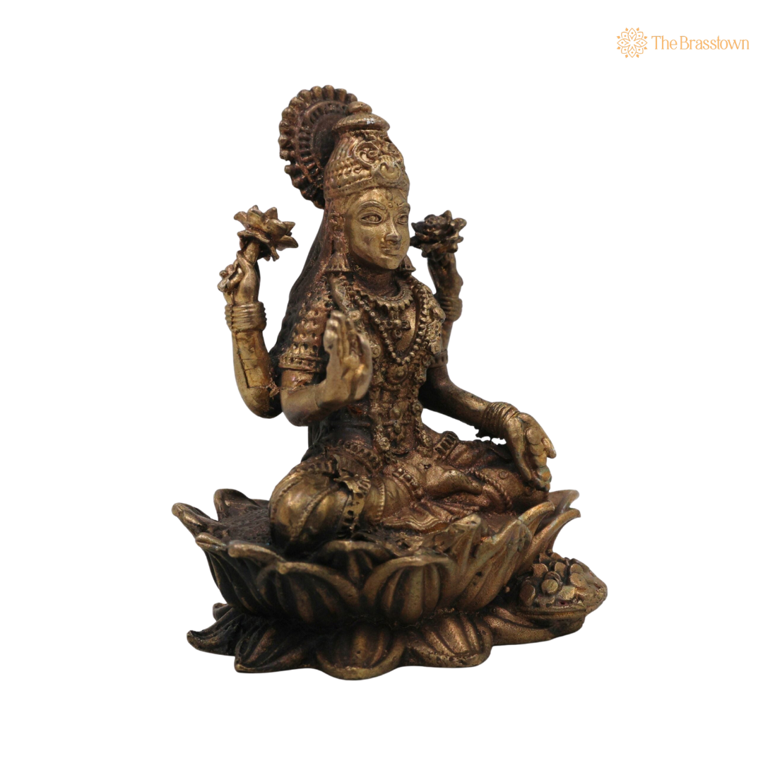Brass Handcrafted Lakshmi Idol 2.5 Inch side view – antique finish detail