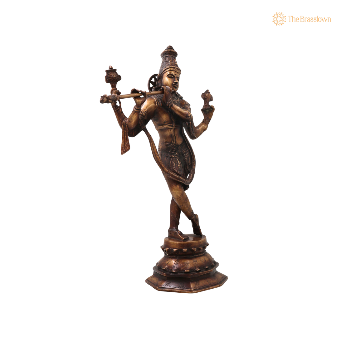Brass Venugopala Lord Krishna Idol – Handcrafted Chola Style Kaliya Daman Govinda Murti for Pooja, Home Mandir, Décor &amp; Spiritual Gifting 18.5 Inch