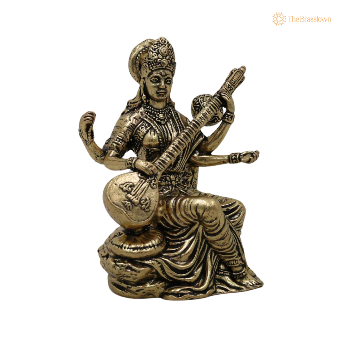 Divine Brass Saraswati Idol 3 Inch side view – antique finish detail