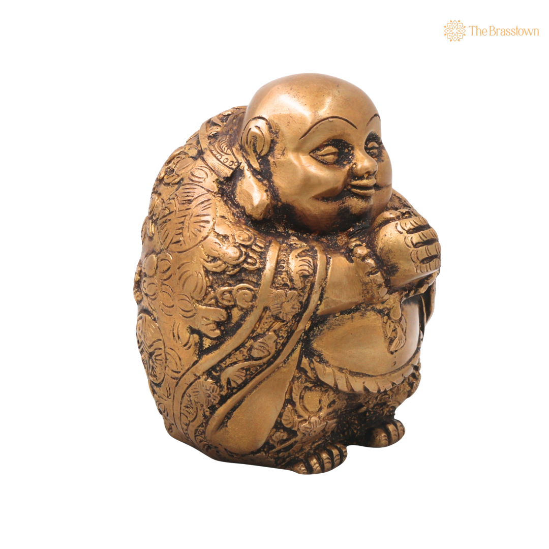 Brass Laughing Buddha Idol – Handcrafted Hotei Budai Statue for Vastu, Home Décor, Office &amp; Prosperity Gifting 5 Inch