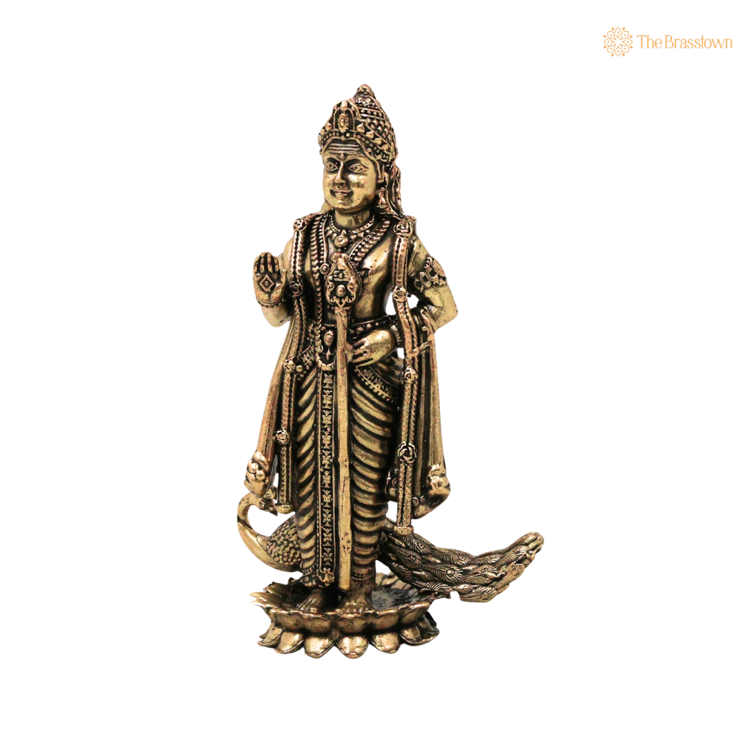 Brass Murugan Idol with Peacock 4.5 Inch side view – antique finish detail