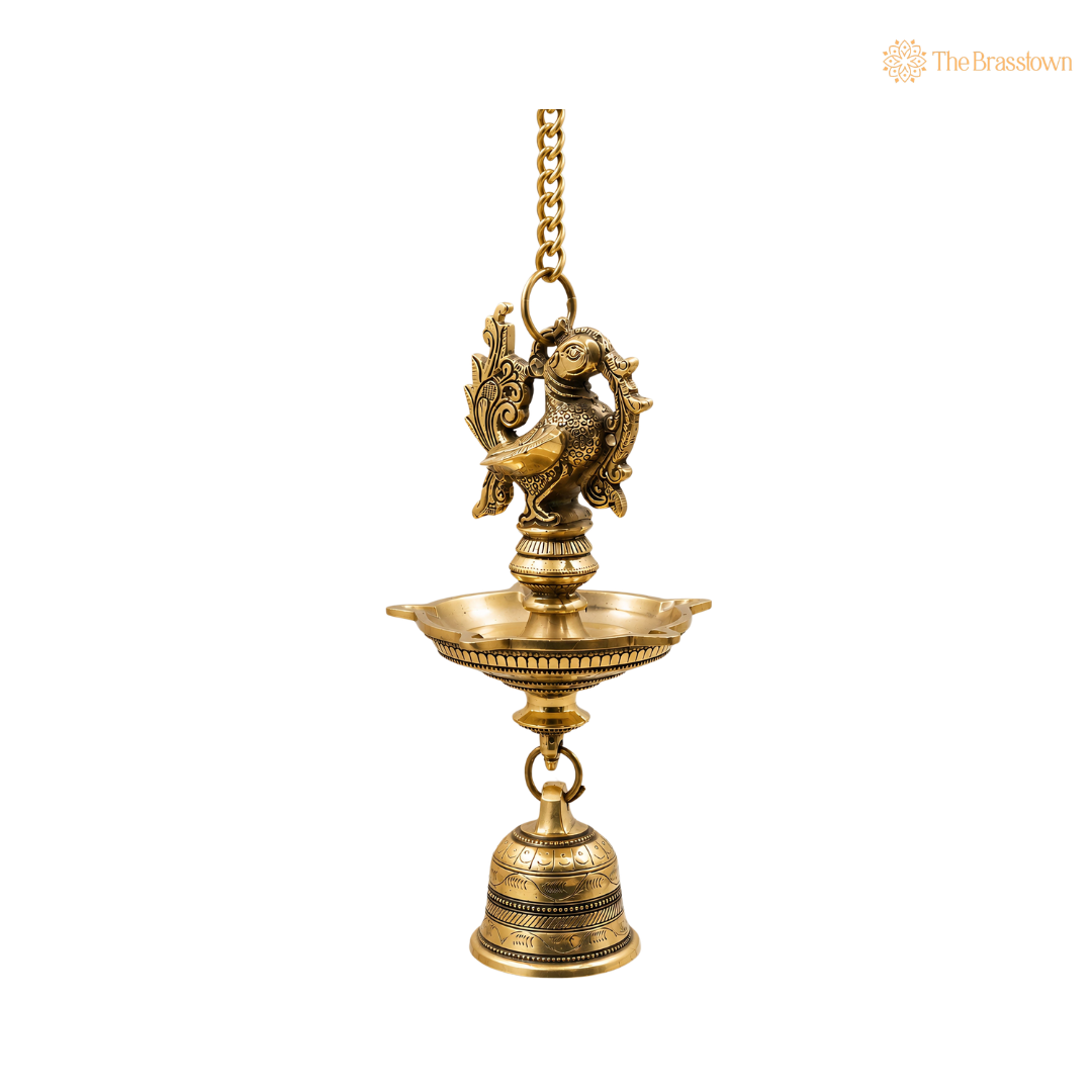 Hanging Brass Lamp Pooja Diya with Bell – Traditional Peetal Thooku Vilakku Deepam for Temple, Home Mandir &amp; Spiritual Décor 23 Inch