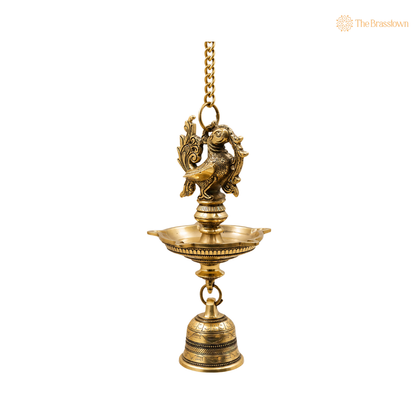 Hanging Brass Lamp Pooja Diya with Bell – Traditional Peetal Thooku Vilakku Deepam for Temple, Home Mandir &amp; Spiritual Décor 23 Inch