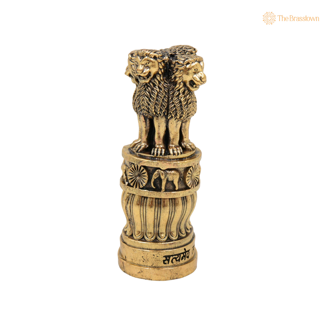 Brass Handcrafted Ashoka Stambh Idol – National Emblem Lion Capital Decorative Showpiece for Home &amp; Office Décor 4 Inch