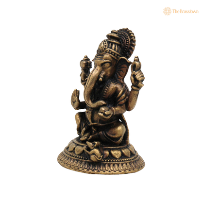 Handcrafted Brass Ganpati Bappa Idol 2 Inch side view – antique finish detail
